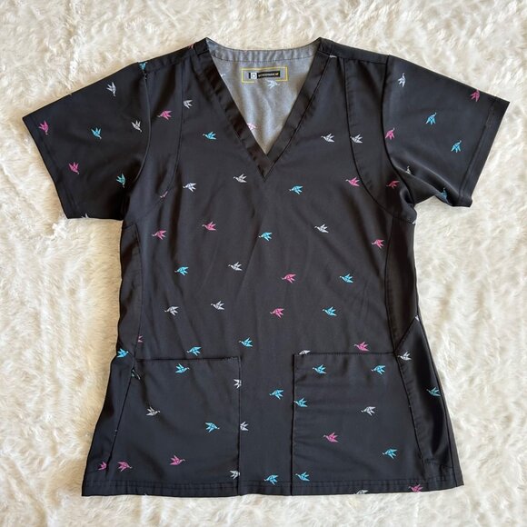 Wonderwink HP Black Scrubs Scrub Top w/ Paper Crane Print V-Neck Pockets - S - Picture 1 of 5